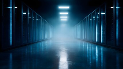 Futuristic data center with glowing blue server racks and lighting