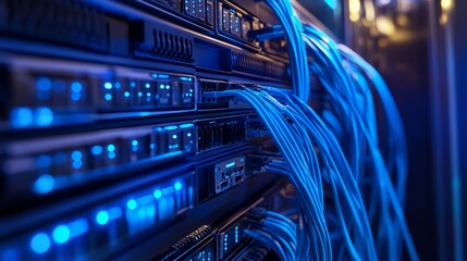 Close up of network server with connected ethernet cables in data center, high speed internet infrastructure with blue wiring and led indicators, modern information technology equipment for cloud comp