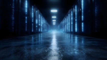 Futuristic data center with glowing blue server racks and sharp lighting
