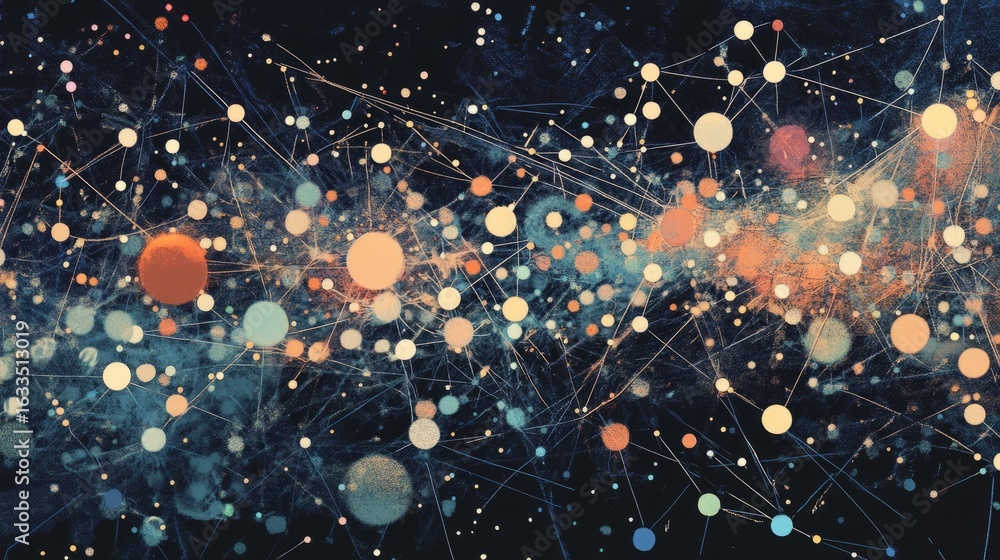 Poster abstract digital network illustration featuring connected nodes and lines in a futuristic technology
