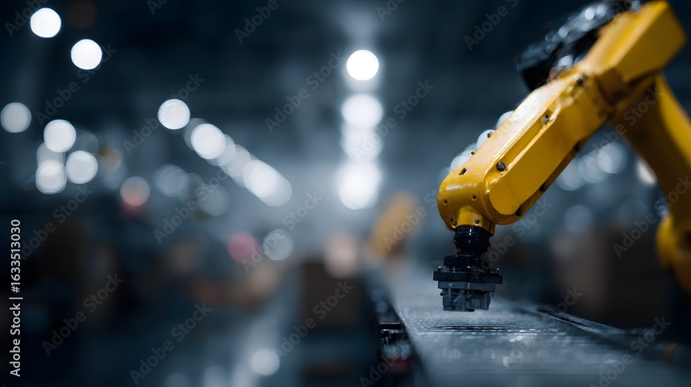 Poster robotic arm assembling product on factory line