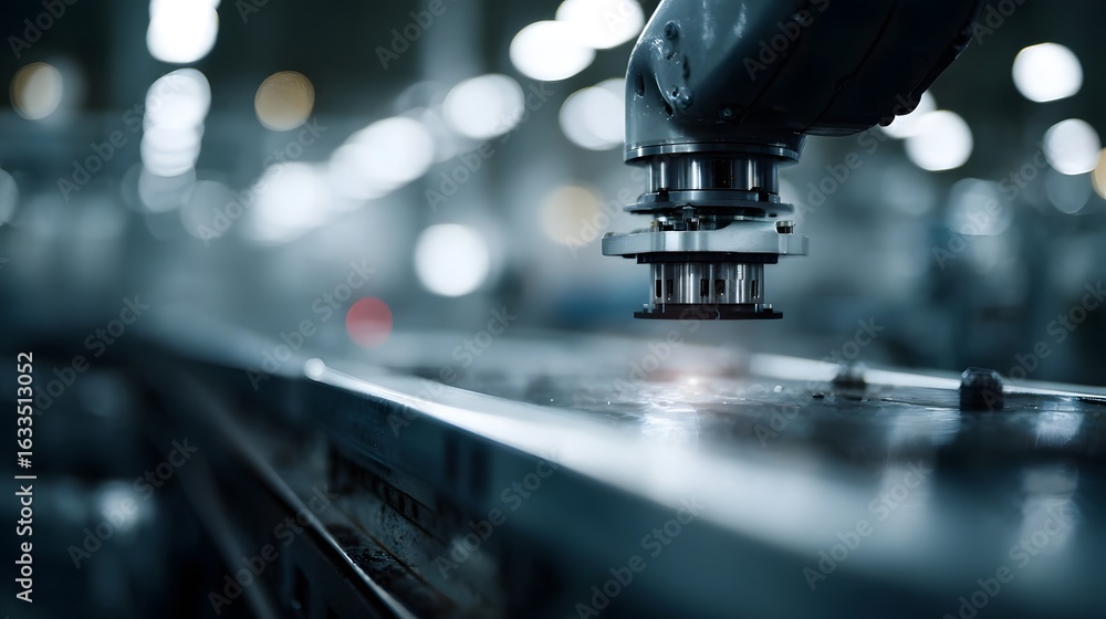 Poster robotic arm assembling product on factory line with industrial automation lighting