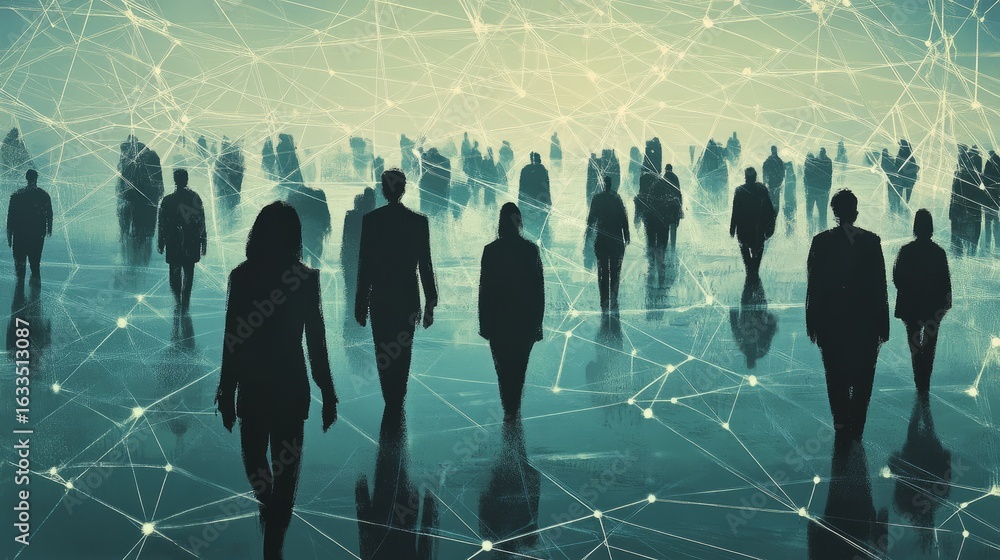 Poster abstract digital network illustration featuring connected nodes and lines in a futuristic technology