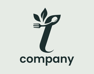 Letter I Food Nature Leaf, Culinary Spoon Fork Logo Design