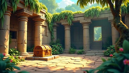 Low poly ancient stone temple ruins with broken pillars, moss-covered walls, treasure chest, and jungle overgrowth in adventure style

