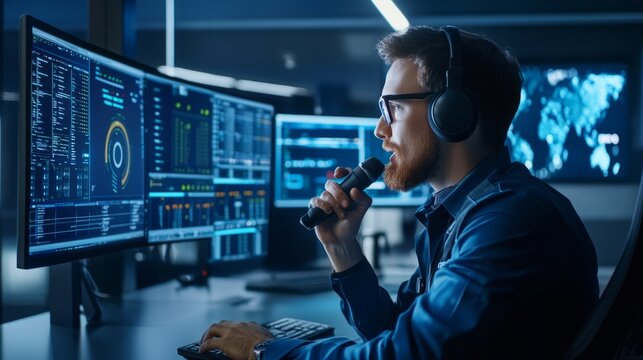Professional it technical support specialist making intercom announcement on microphone while working on desktop computer in high-tech monitoring control room with large digital screens and server equ