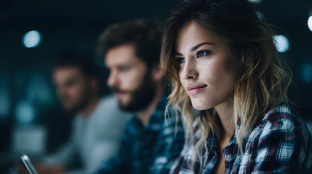 A startup team collaborates on developing a mobile application in a creative workspace  long title A diverse startup team is intensely focused on