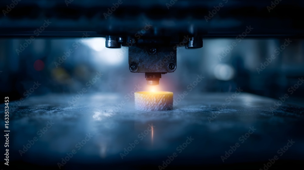 Poster 3d printing hine creating an object with additive manufacturing lighting and sharp focus