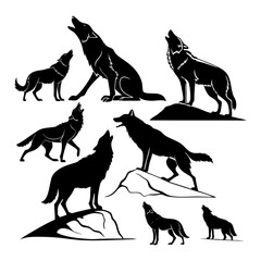 Collection of Silhouetted Apennine Wolves in Various Poses on Rocks and Howling