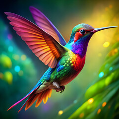 Fototapeta premium radiant hummingbird in flight amidst lush colorful floral background