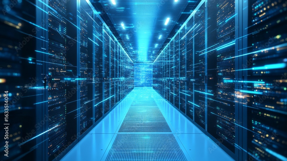 Poster shot of modern data center interior featuring multiple rows of fully operational server racks, advan