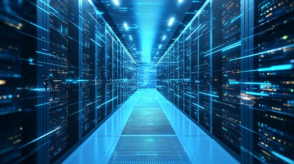 Shot of modern data center interior featuring multiple rows of fully operational server racks, advanced cloud computing infrastructure, artificial intelligence processing, database management, and sup