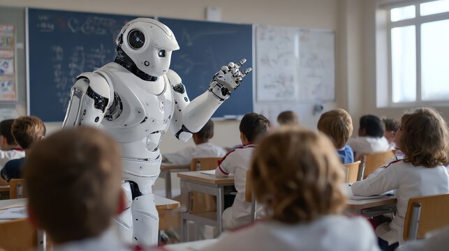 Robot Teacher Educating Students in Classroom