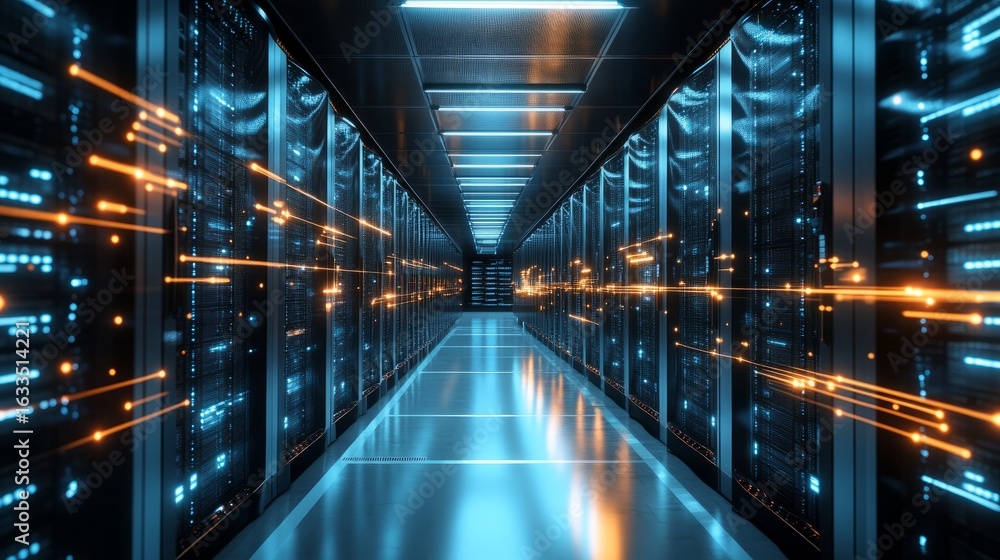 Poster shot of modern data center interior featuring multiple rows of fully operational server racks, advan