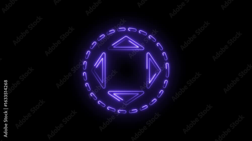 Poster glowing purple neon circular arrow icon with directional pointers and dashed outline on black backgr