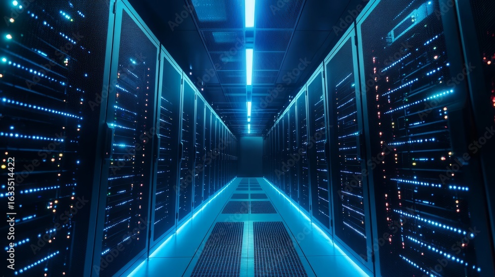 Poster shot of modern data center interior featuring multiple rows of fully operational server racks, advan