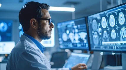 Medical professional analyzing data on multiple computer screens - Powered by Adobe