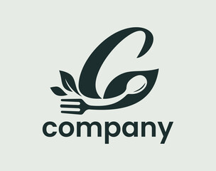 Letter C Food Nature Leaf, Culinary Spoon Fork Logo Design