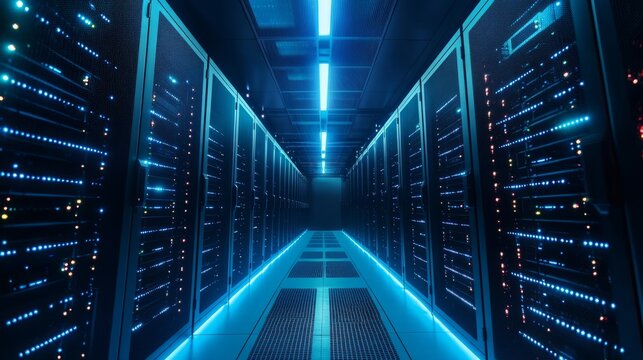 Shot of modern data center interior featuring multiple rows of fully operational server racks, advanced cloud computing infrastructure, artificial intelligence processing, database management, and sup