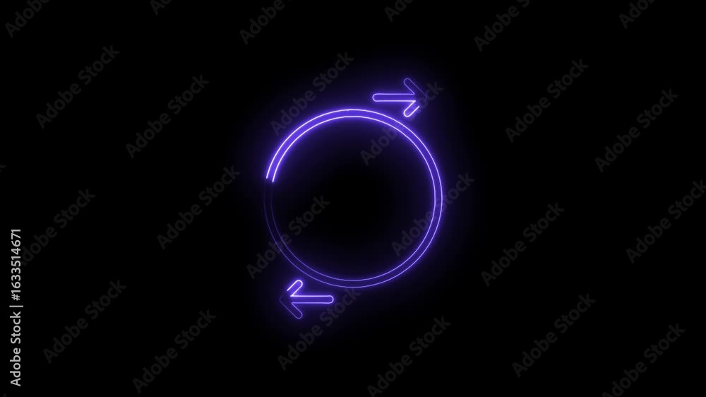 Poster glowing purple neon circular arrows icon on black background symbolizing refresh reload repeat cycle