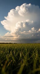 Scenic landscape of green field with grass and dramatic cloud formation in sky