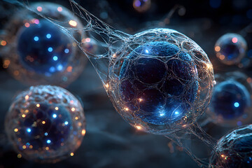 A microscopic view of cells interconnected by a network of fine strands with glowing lights inside