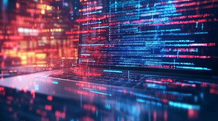 Abstract software and web development concept featuring programming language code on laptop screen with digital technology icons, company network interface, and modern data process visualization for t