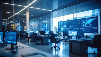 Modern office interior with data screens displaying information - Powered by Adobe