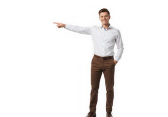 Man in white shirt pointing left on transparent background