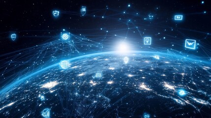 Futuristic digital network illustration featuring tech devices and communication icons connected to a glowing planet earth, representing global connectivity, internet of things, and modern technology 