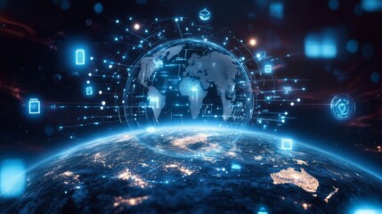 Futuristic digital network illustration featuring tech devices and communication icons connected to a glowing planet earth, representing global connectivity, internet of things, and modern technology 