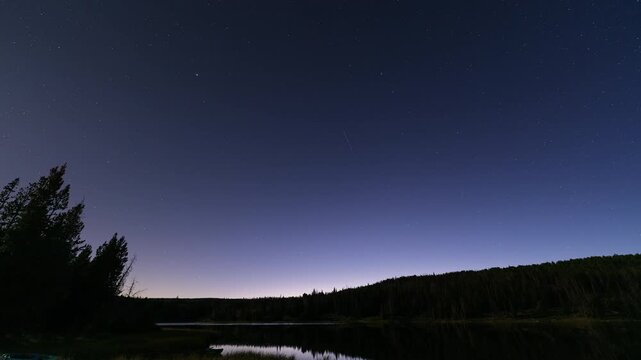 Astro time-lapse as dusk turns to night, and stars move through the sky at Lyman Lake in the Uinta wilderness.