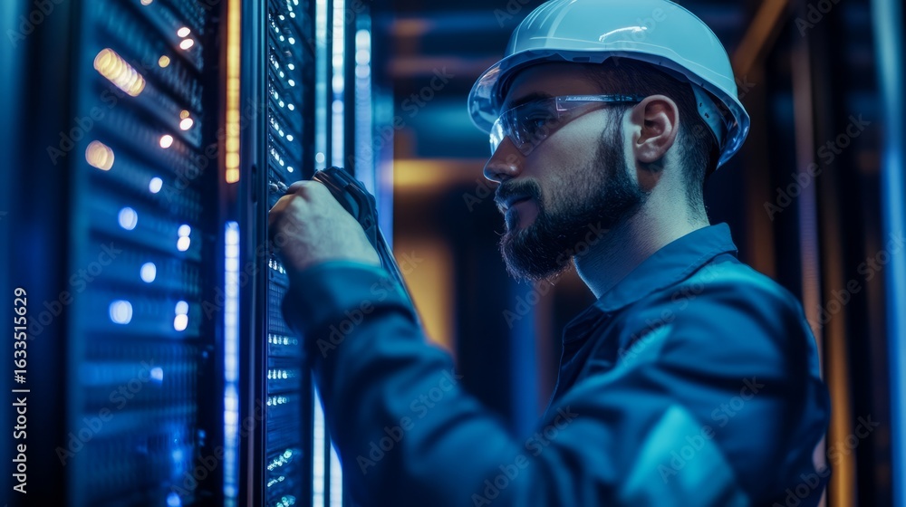 Poster technician performing maintenance in data center server room with network equipment racks, checking 