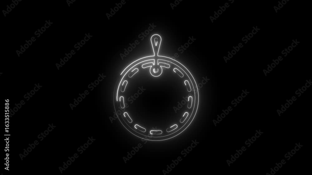 Poster glowing white neon circular icon with internal segments and hanging loop isolated on black backgroun