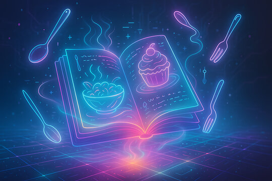 Futuristic neon holographic cookbook with glowing recipe pages displaying steaming bowl of noodles and cupcake dessert, floating holographic spoons and forks around digital book, cyberpunk style culin
