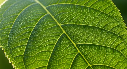 Obraz premium Close up of a vibrant green leaf showing veins, texture and details in bright sunlight