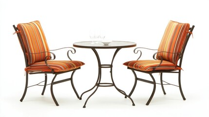 Outdoor bistro set with orange-striped chairs on white background