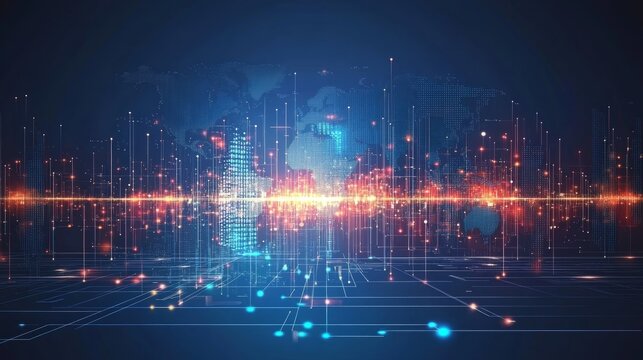 Futuristic vector digital technology interface with abstract geometric shapes and glowing circuit patterns on a modern high-tech background, ideal for innovation, data visualization, and virtual commu