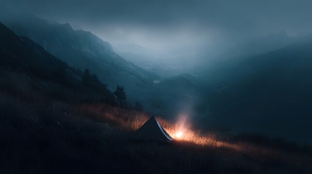 Minimalist tent and campfire on remote hilltop