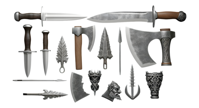 Collection of medieval weapons including swords, daggers, and axes, isolated on transparent background
