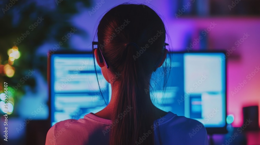 Aufkleber young asian woman software engineer wearing glasses working on desktop computer, viewing source code