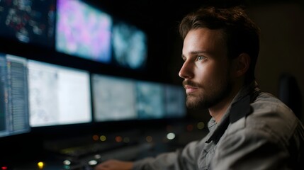 Man working in a high tech energy smart grid monitoring control center