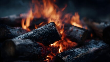 Intense flames from burning logs in a campfire