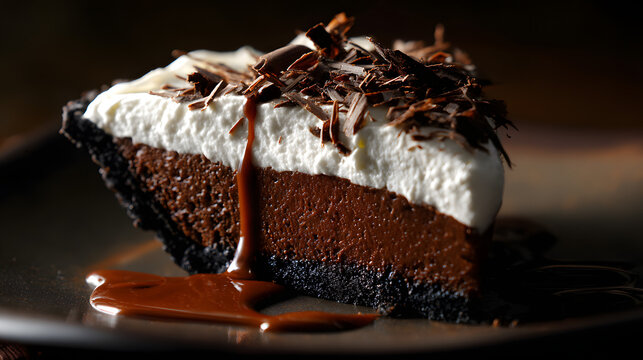 Delicious Mississippi Mud Pie Slice with Creamy Topping and Chocolate Drizzle on Dark Plate