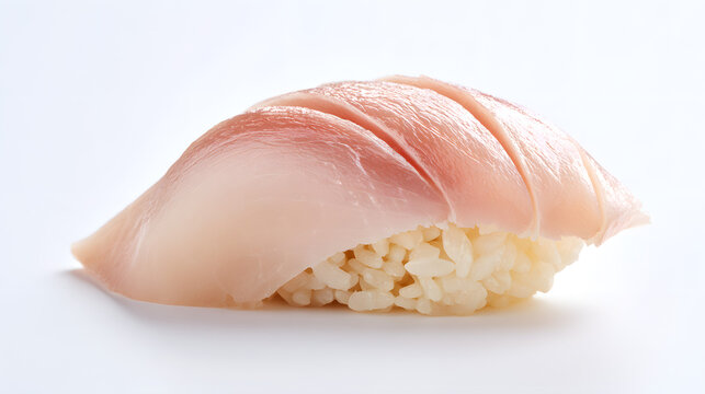 Fresh Kanpachi Nigiri Sushi Piece on Elegant White Background for Culinary and Food Photography Use