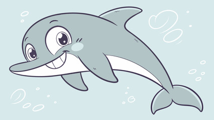 A cute cartoon dolphin  in the deep blue ocean