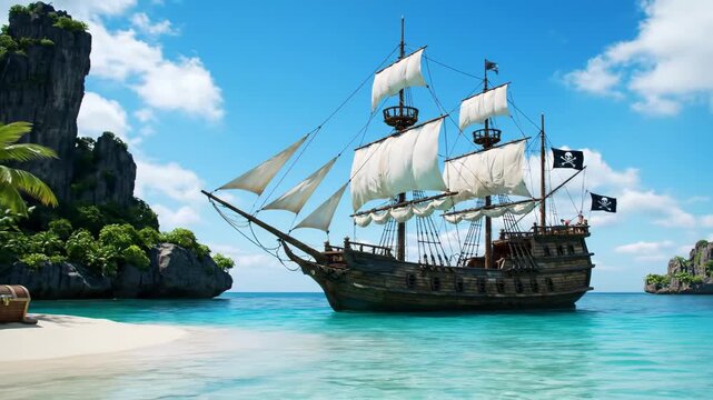 A pirate ship anchored near a tropical island with a treasure chest on the beach.  A Pirate Galleon's Arrival at Treasure Island.
