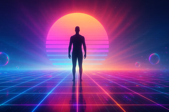 Silhouetted human figure standing on glowing neon grid with vibrant retro synthwave sunset, abstract futuristic metaverse identity concept, digital consciousness in virtual landscape, cyber journey vi