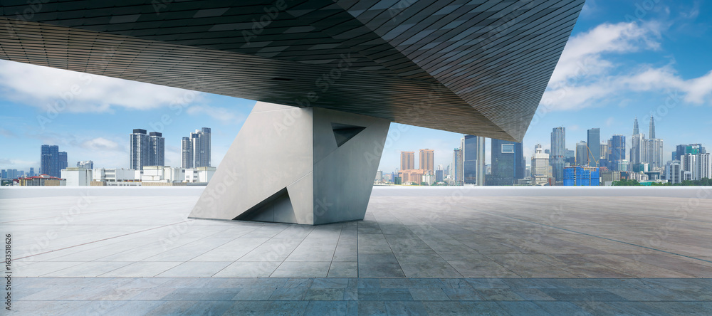 Poster 3d rendering modern building overlooking kuala lumpur skyline with empty floor