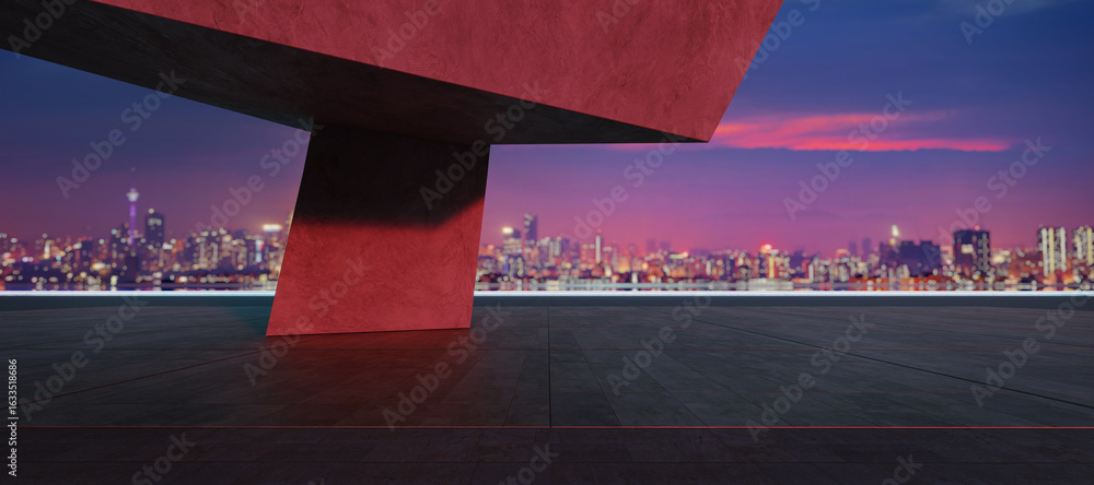 Poster 3d rendering modern building overlooking illuminated cityscape at sunset: 3d rendering